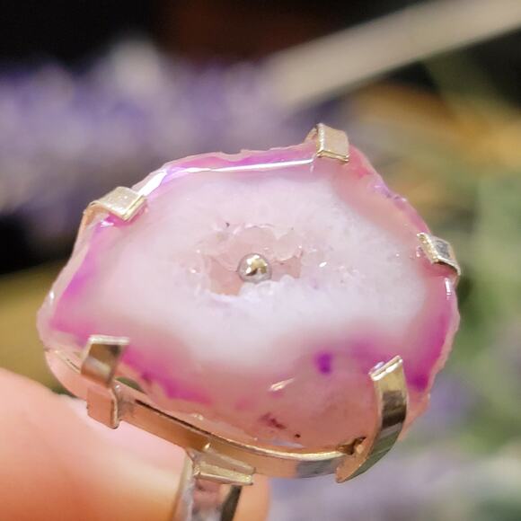 Pink Agate Slice Statement Rings, Gemstone Sterling Silver Ring, Size 7.5 - Picture 7 of 10